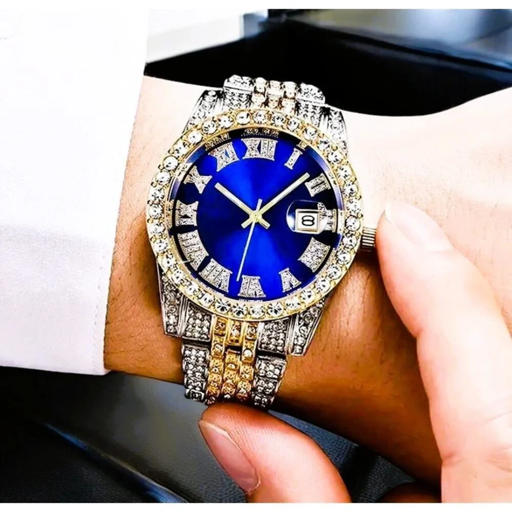 Watch Men Silver, Blue & Gold Rhinestones with Blue Face Roman‎ Scale Calendar